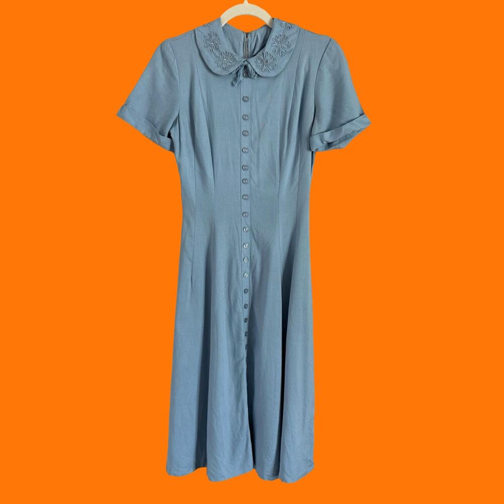 50's 60's vintage dainty blue retro coquette embroidered a-line dress Size 11 - Picture 2 of 8